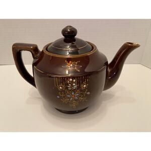 Vintage Moriage Redware Brown Oriental Tea Pot, Hand Painted Beaded